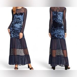 NWT Entro Mesh Maxi Dress with Velvet Body Detail, Size M, Navy Blue